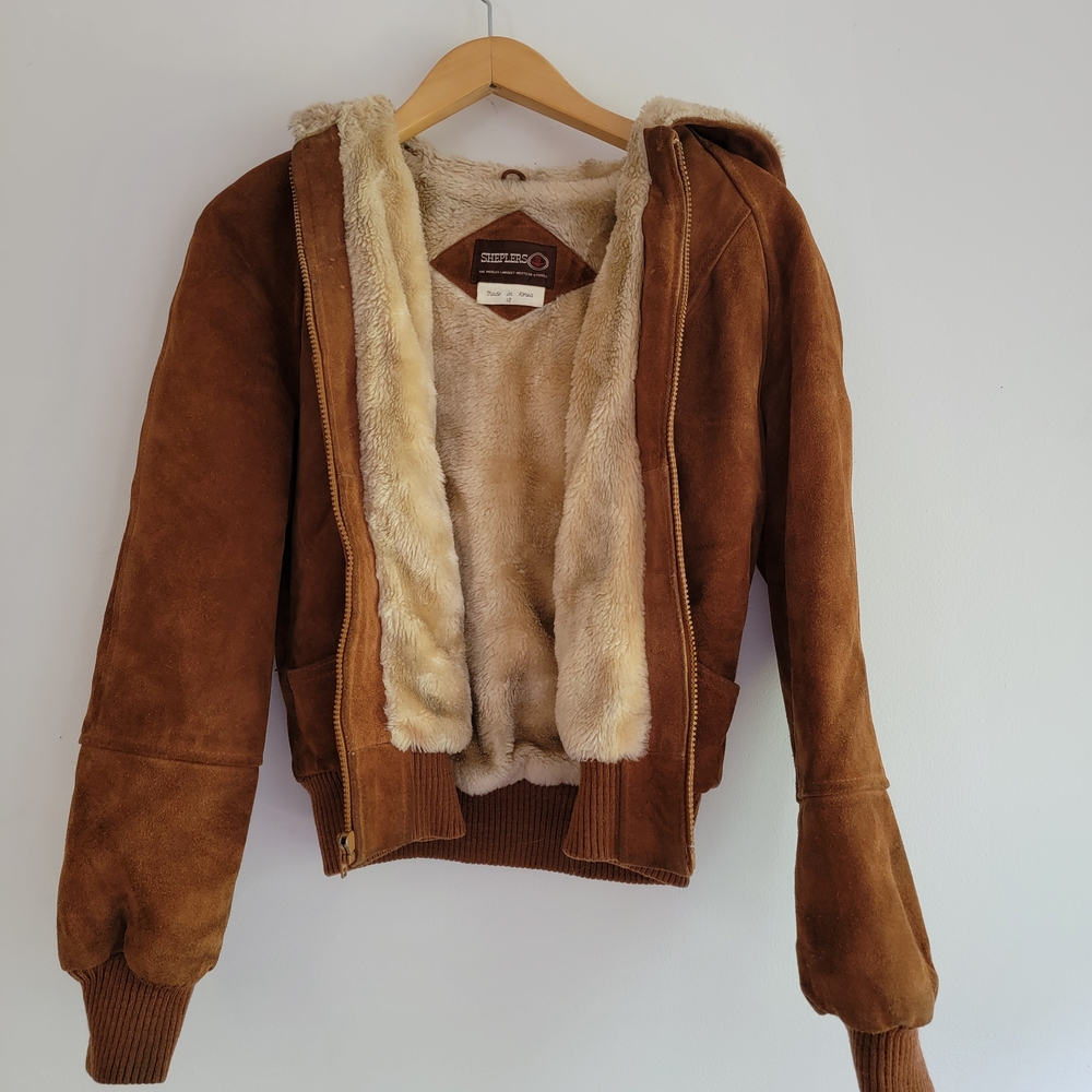 Vintage Shepler's Brown Suede Soft Shearling Lined Bomber Jacket 12* Small  Hood - Picture 3 of 16